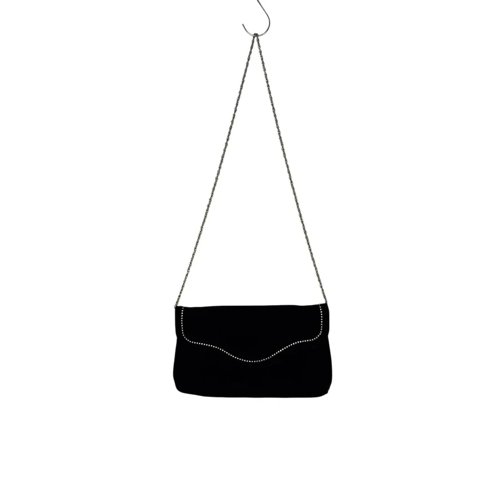 Unbranded Black Velvet Rhinestone Trim Clutch Bag Small Evening Formal Elegant